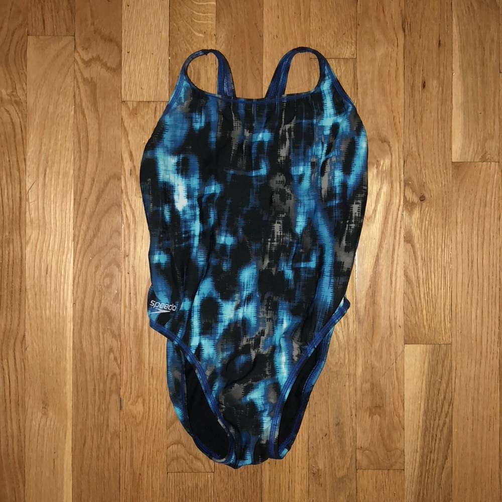 Blue patterned Speedo one-piece suit. Size 28